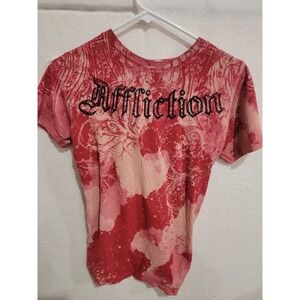 Affliction Women's Small Red Tie Dye Lace-Up Back Cutout Tee Rhinestone Logo Y2K